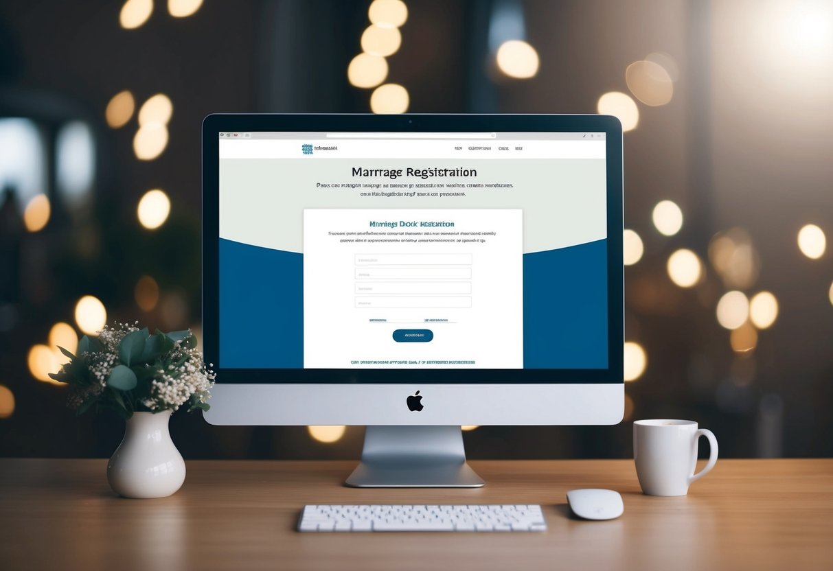 A computer screen displaying a marriage registration website with a form to fill out, a digital signature, and a confirmation message