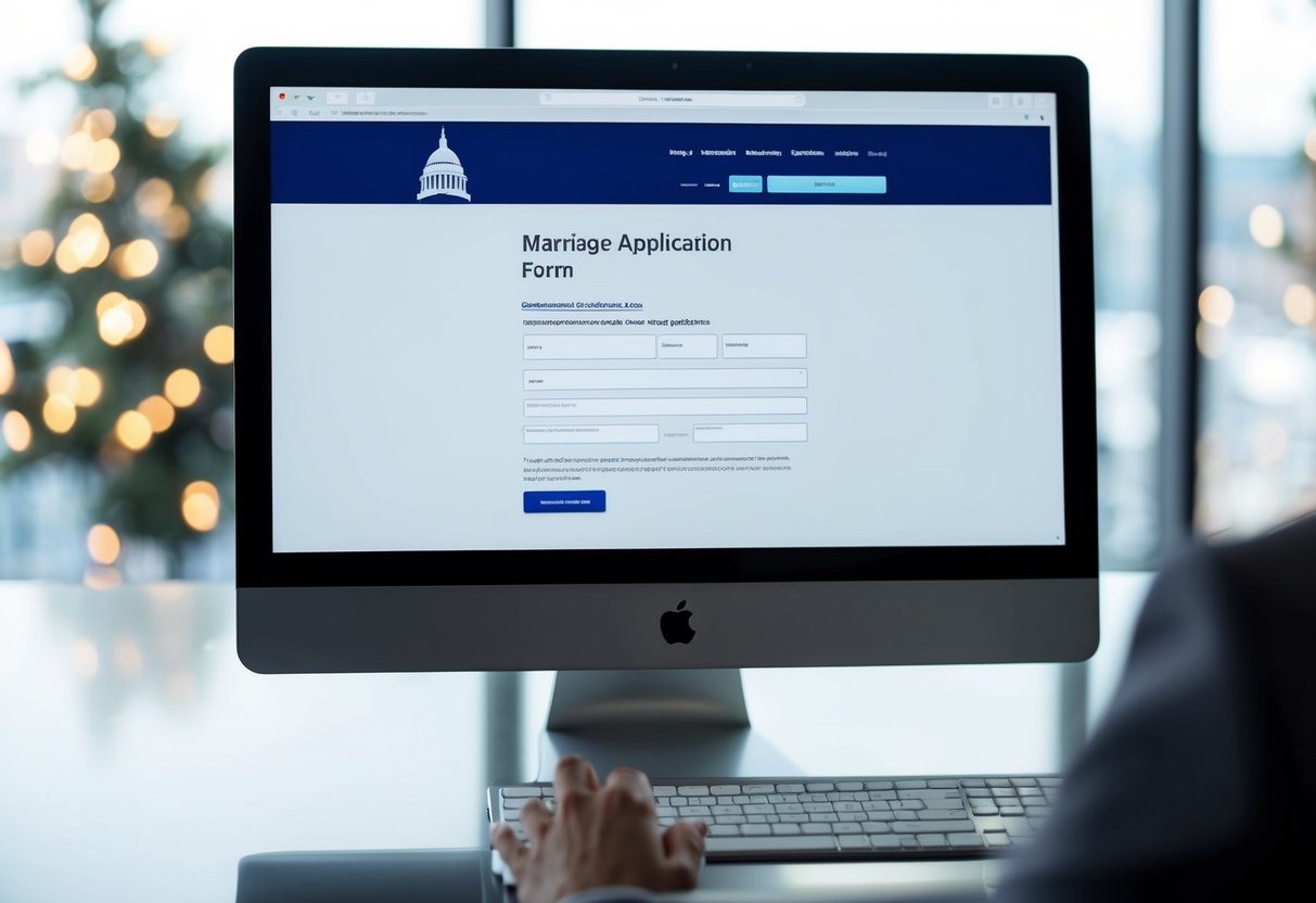 A computer screen displaying a government website with a marriage application form, a digital signature, and a confirmation message