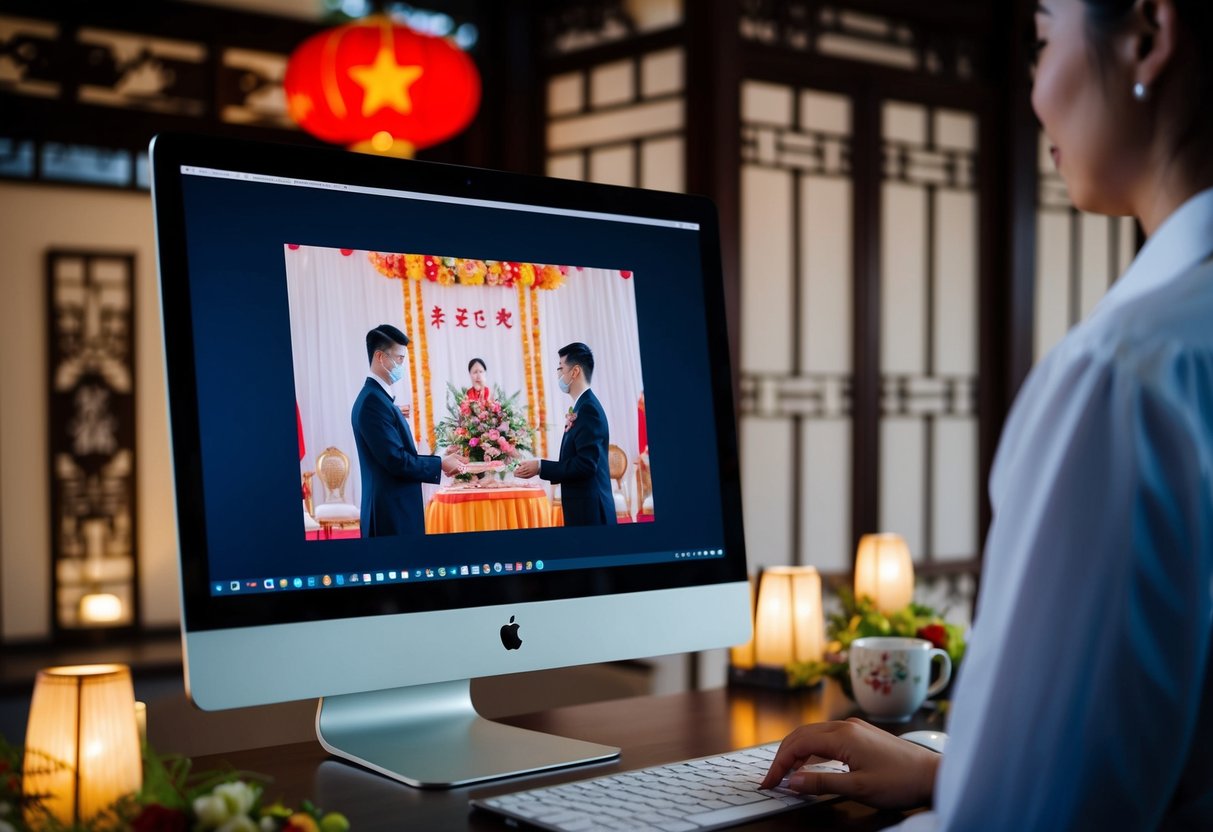 A computer screen displaying a wedding ceremony conducted over a video call, with a Chinese backdrop and traditional elements