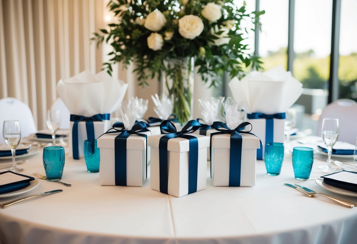 A table with identical gifts for ushers and groomsmen, surrounded by wedding decor and accessories