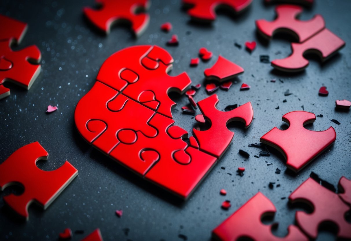 A broken heart-shaped puzzle with shattered pieces scattered around