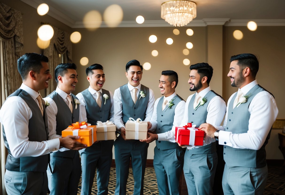 A group of ushers and groomsmen stand together, each holding a gift box. They are exchanging gifts, with smiles and laughter filling the room