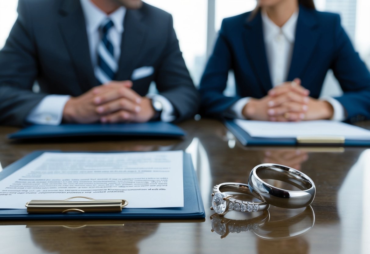 A broken wedding ring lying on a lawyer's desk, surrounded by legal documents and a tense couple sitting on opposite sides