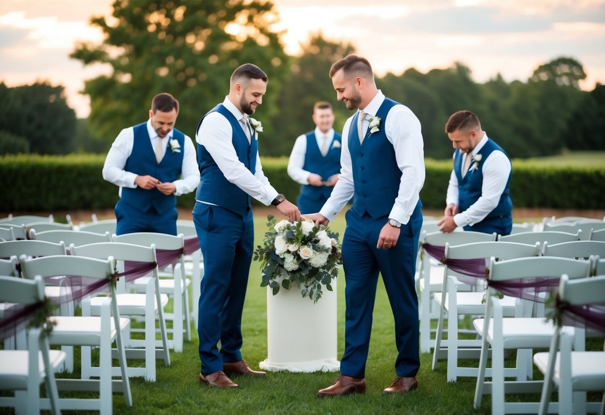 Groomsmen setting up chairs and decorations for a wedding ceremony