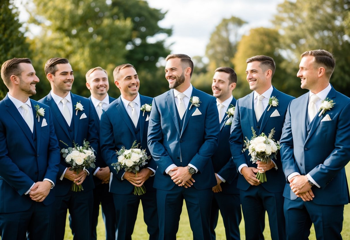 A group of groomsmen standing in a wedding party, wearing suits and holding bouquets or boutonnieres. They are smiling and chatting, creating a lively and celebratory atmosphere