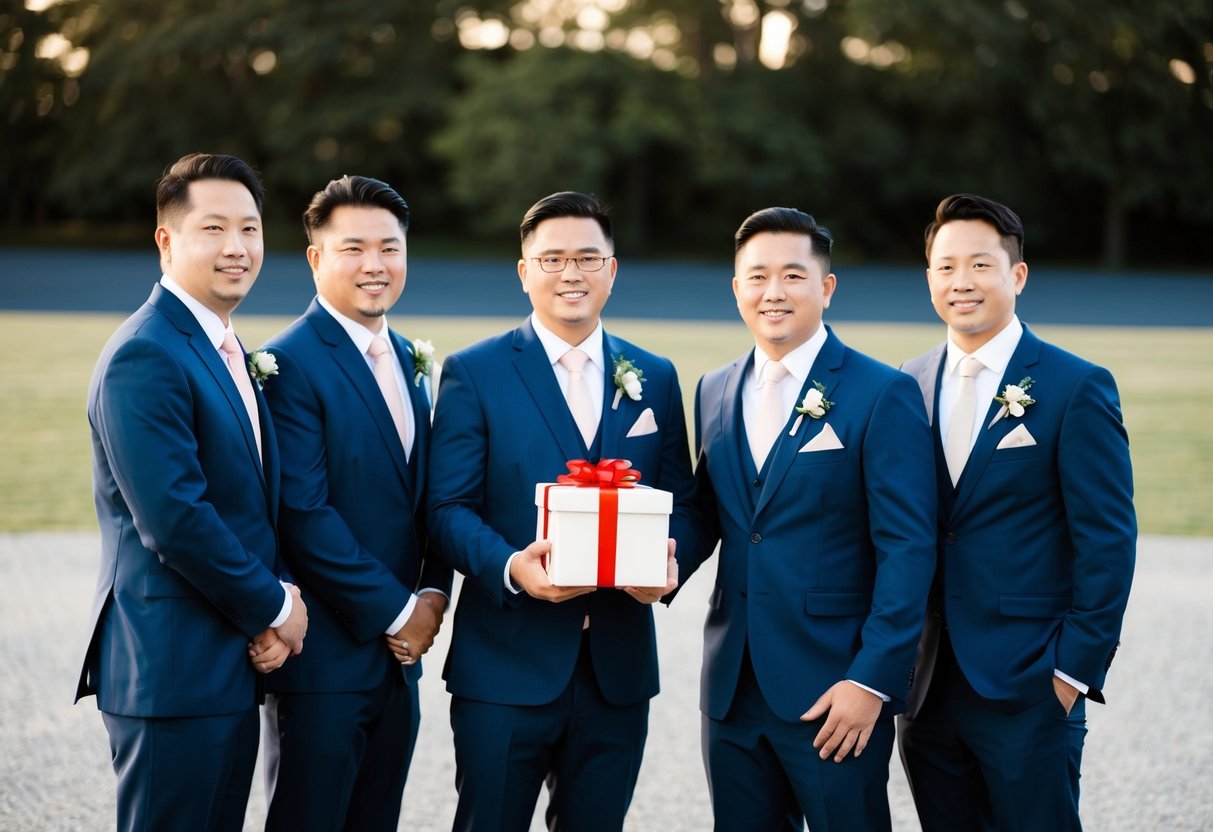 A group of men in suits and ties standing together, one holding a gift. They appear to be at a wedding or formal event
