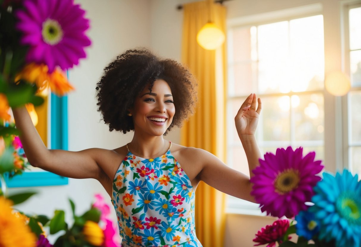 A single person dancing alone in a sunlit room with a big smile on their face, surrounded by colorful flowers and vibrant decor