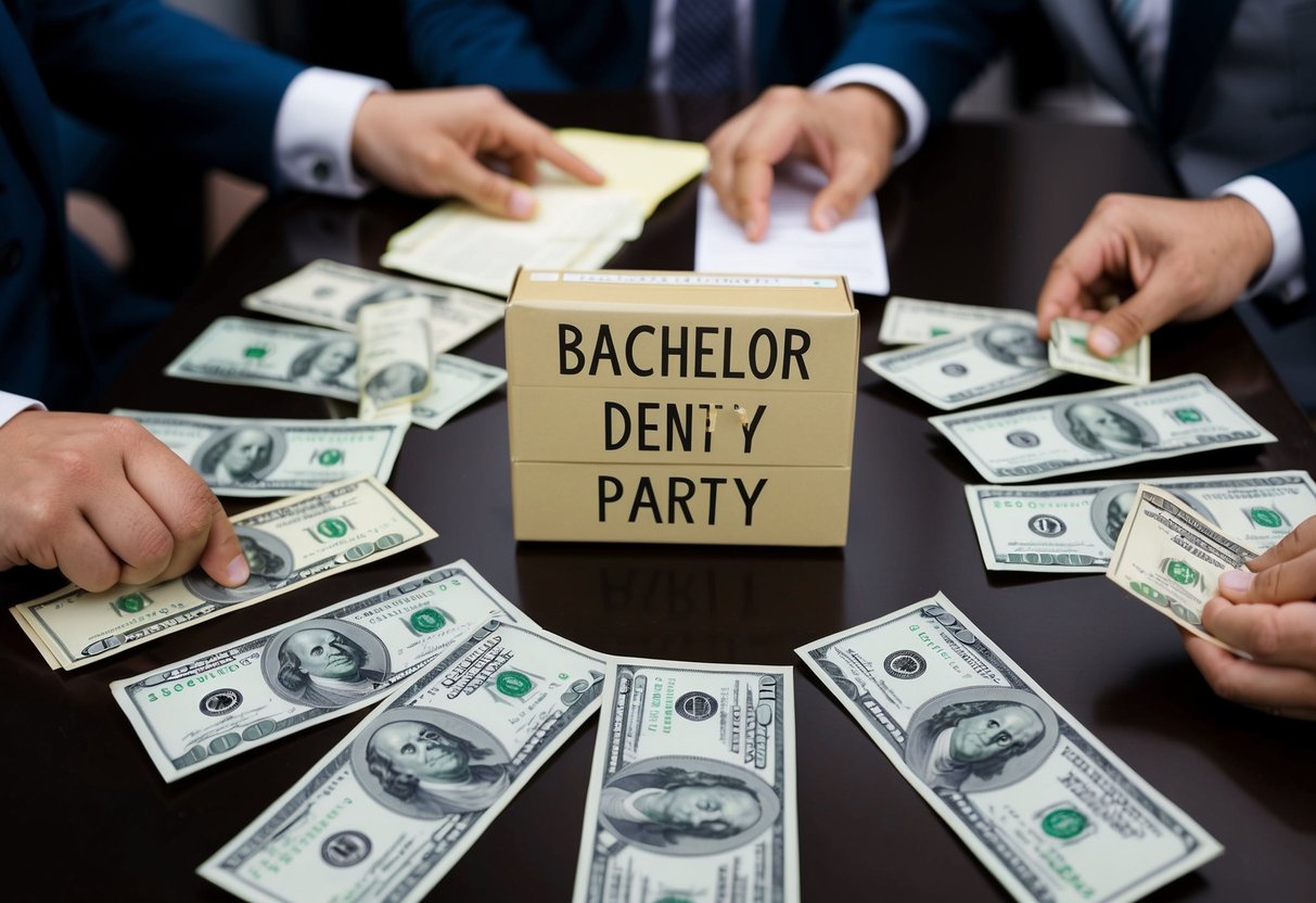 A table with items such as suit rental, bachelor party expenses, travel costs, and wedding gift, surrounded by dollar bills and receipts