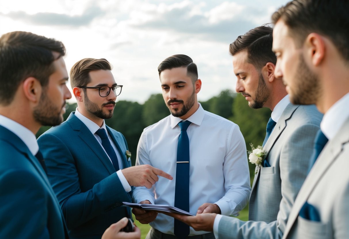 A group of groomsmen discussing wedding expenses and budgeting