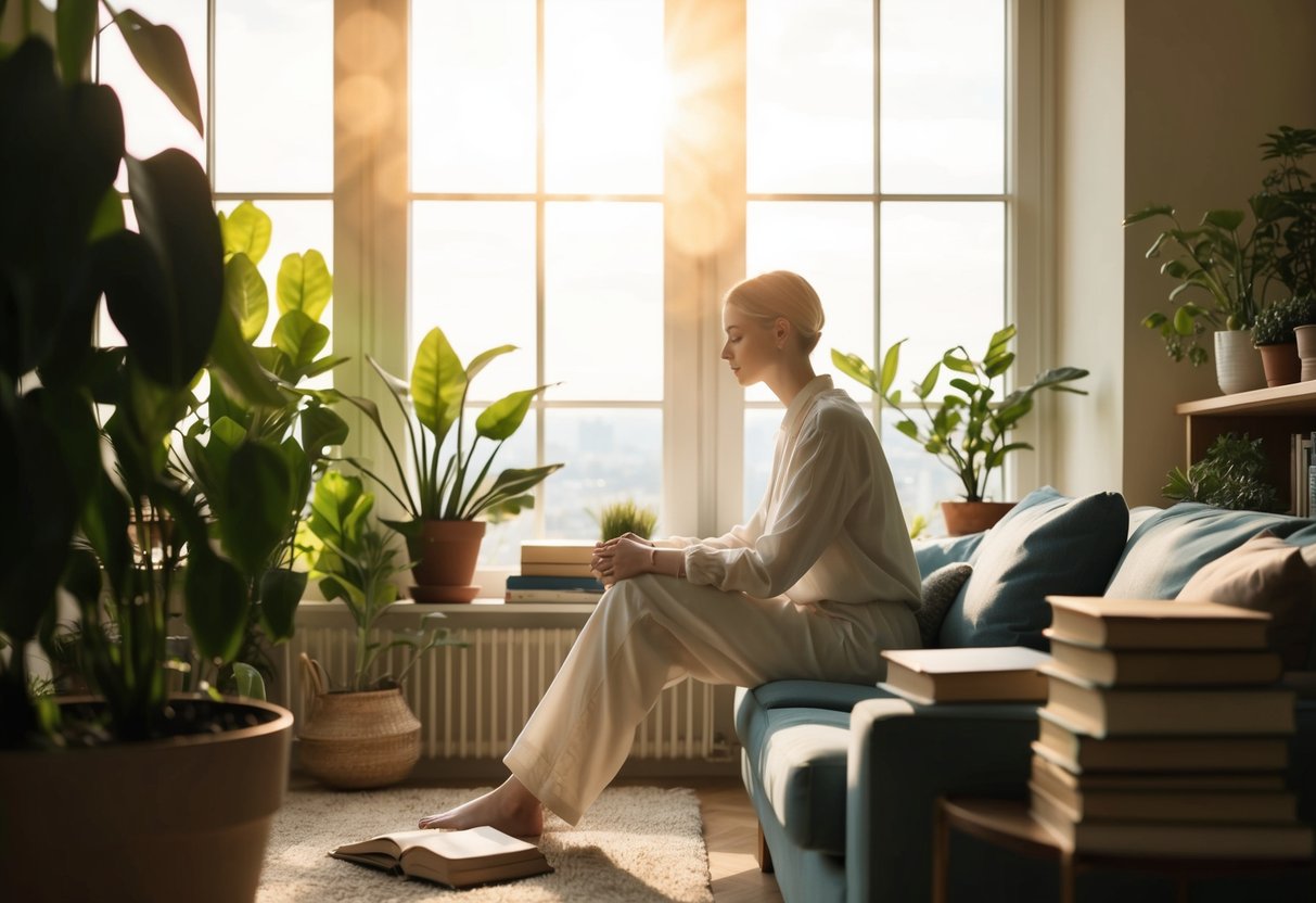 A serene figure sits alone in a cozy living room, surrounded by plants and books. Sunlight streams in through the window, casting a warm glow over the peaceful scene