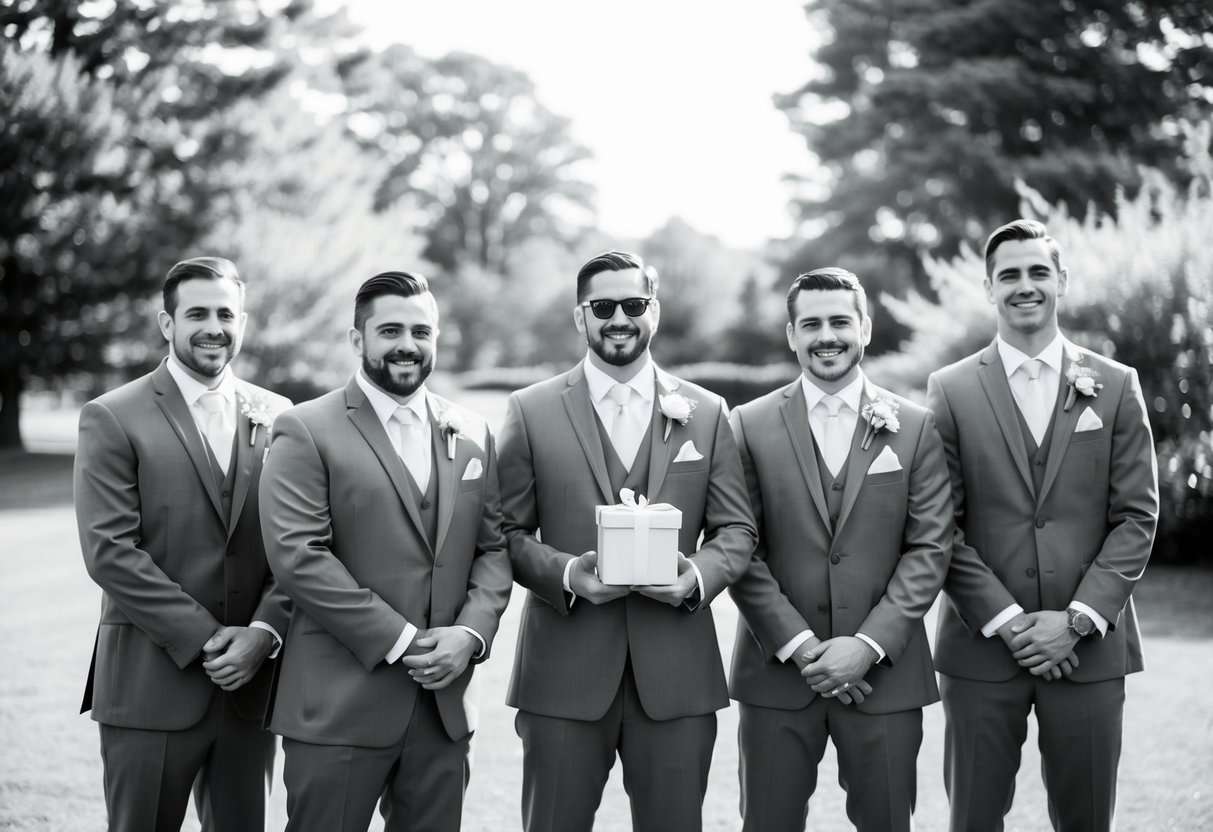 A group of groomsmen standing together, dressed in matching suits, with one of them holding a gift or a drink