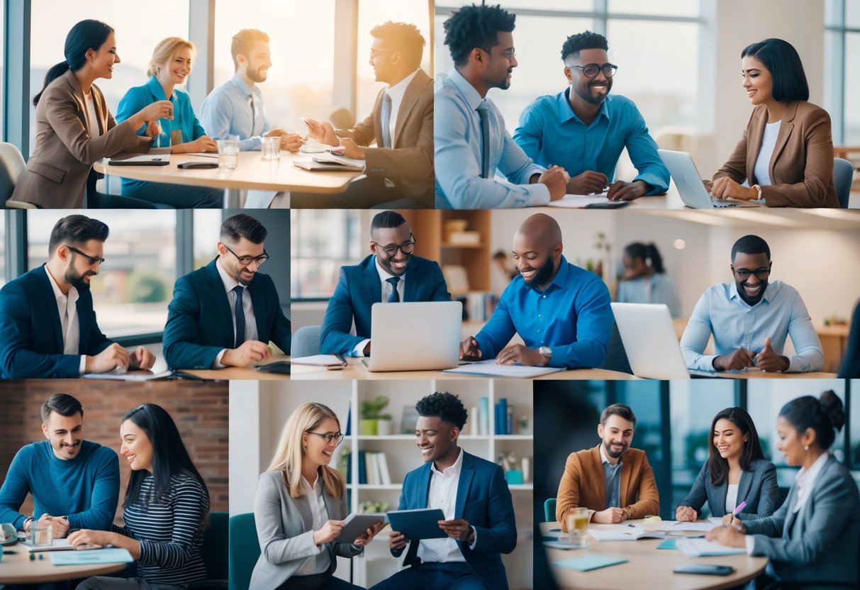 A group of individuals engaged in various activities, some alone and some together, reflecting different aspects of social dynamics and personal development