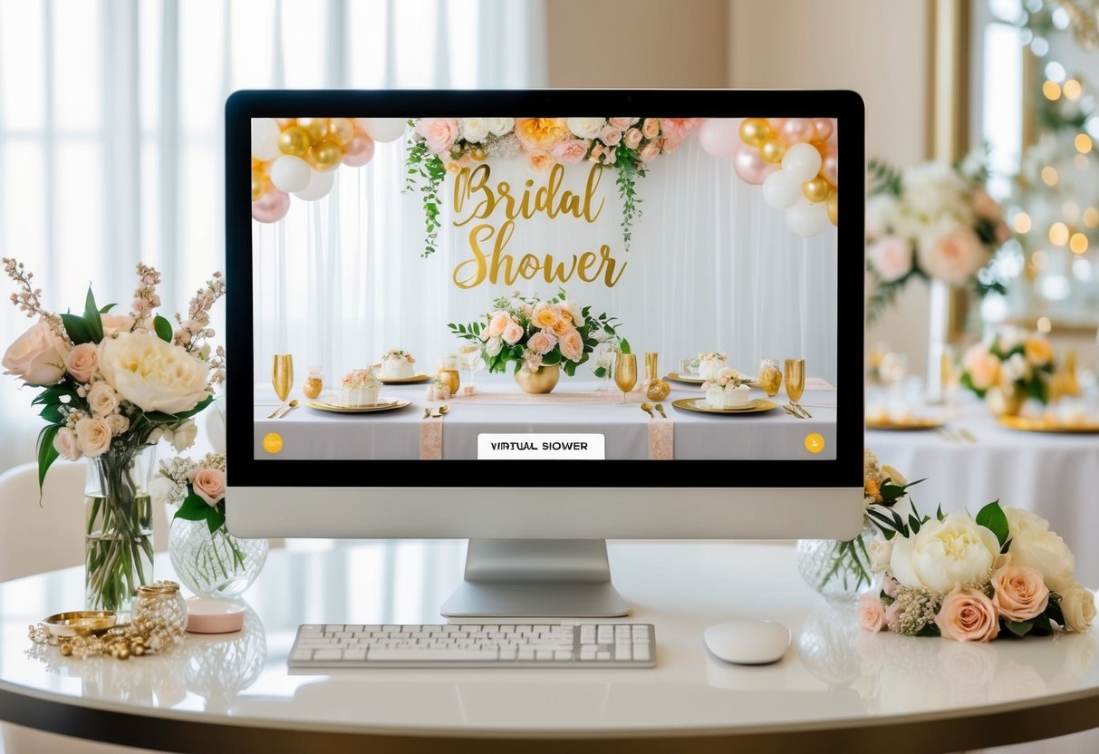 A computer screen displaying a virtual bridal shower with themed decorations, flowers, and elegant table settings