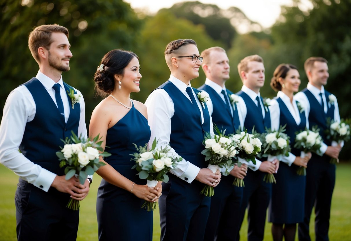 A group of formally dressed individuals standing in a line, holding bouquets or wearing boutonnieres