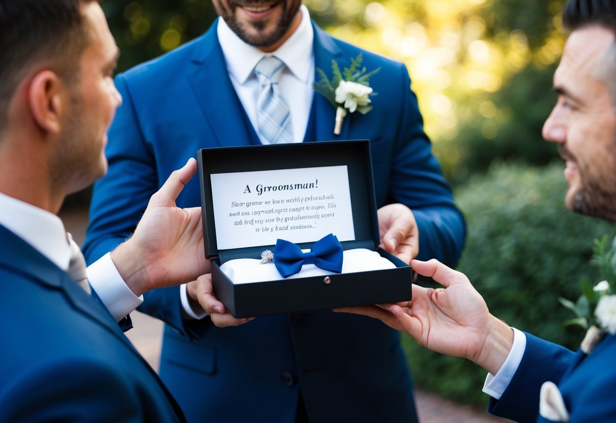 A man presents a gift box with a personalized note and a suit accessory to another man, signaling a request to be a groomsman