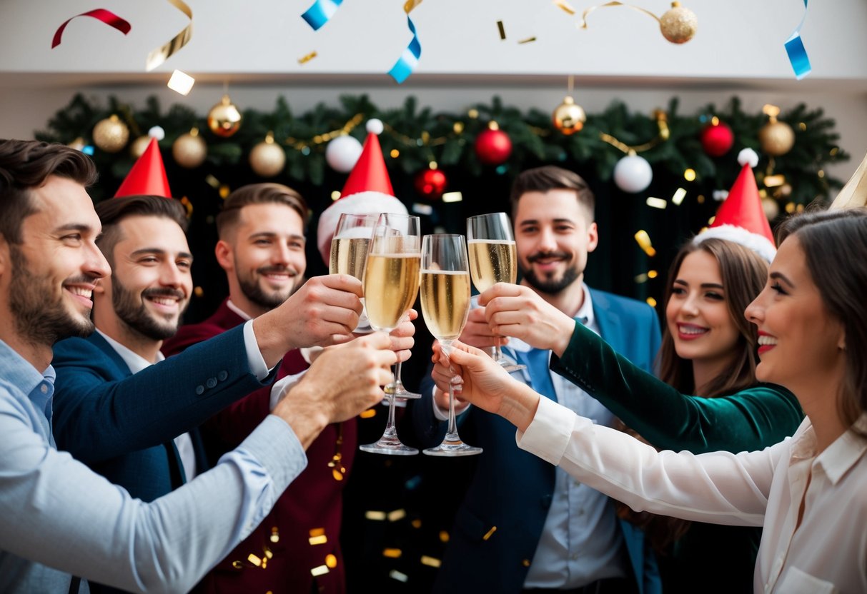 A group of friends raising a toast, surrounded by festive decorations and confetti
