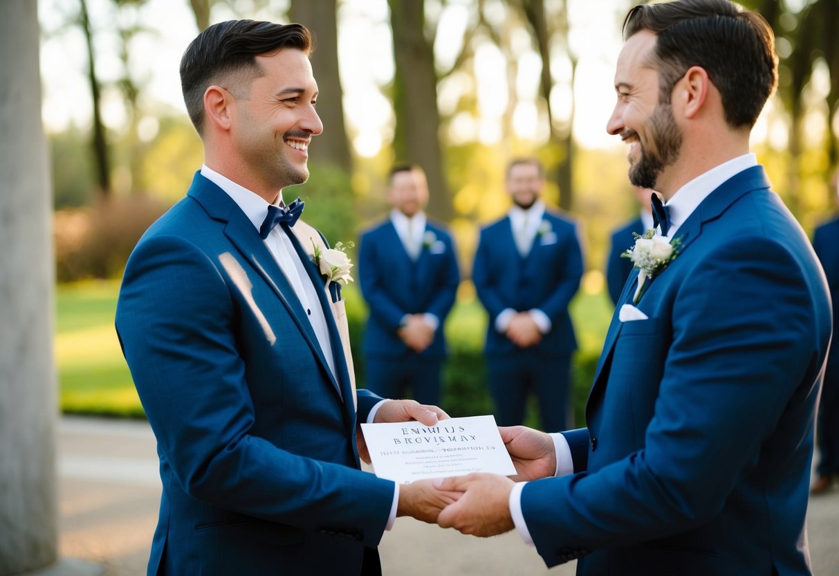 A man hands a personalized groomsman invitation to another man, both smiling
