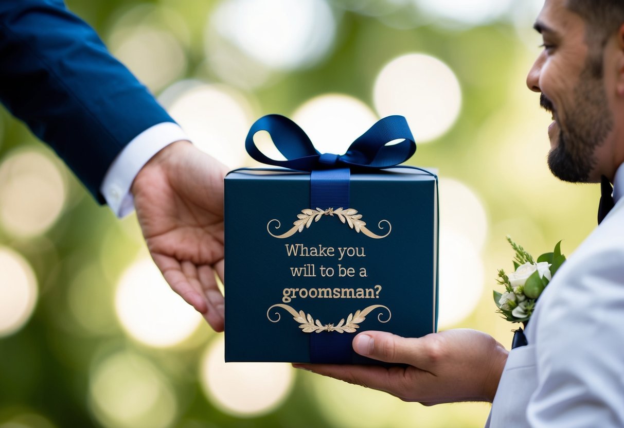 A man hands a personalized gift box to another man, asking him to be a groomsman