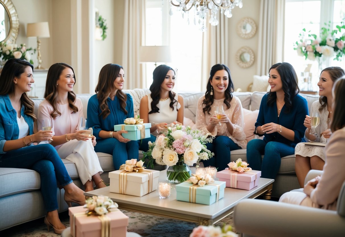 A group of friends gathered in a tastefully decorated living room, with a table set for a bridal shower. Gifts, flowers, and elegant decorations set the scene