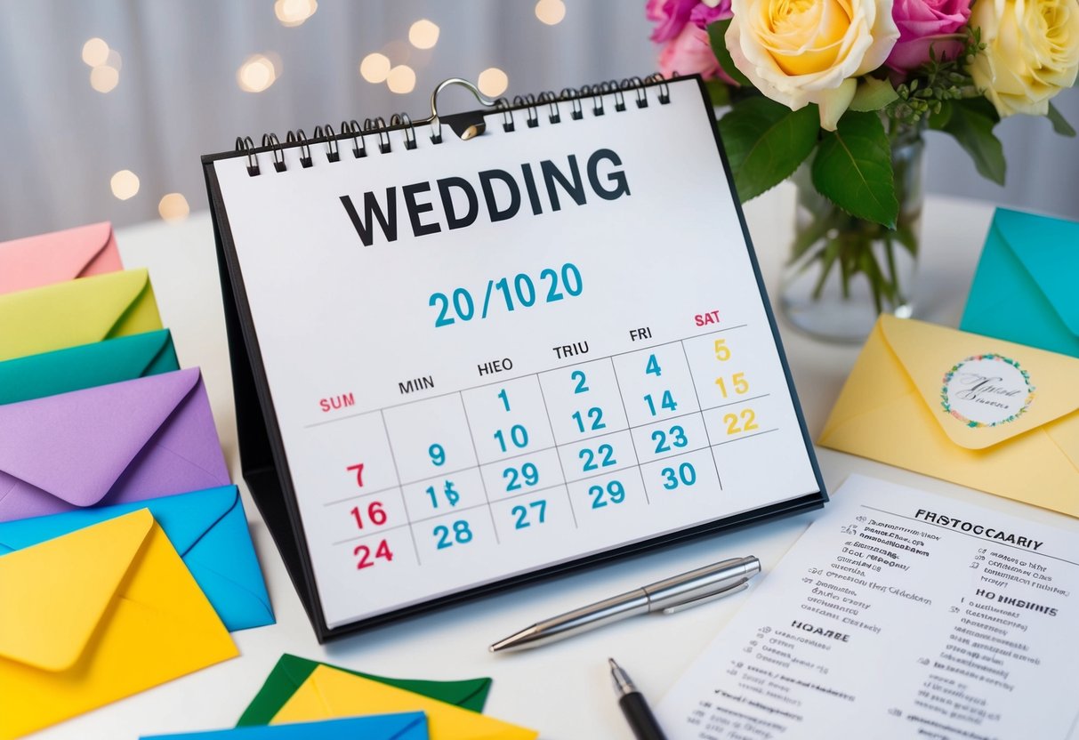 A calendar with the wedding date circled, surrounded by colorful invitations and a list of guests