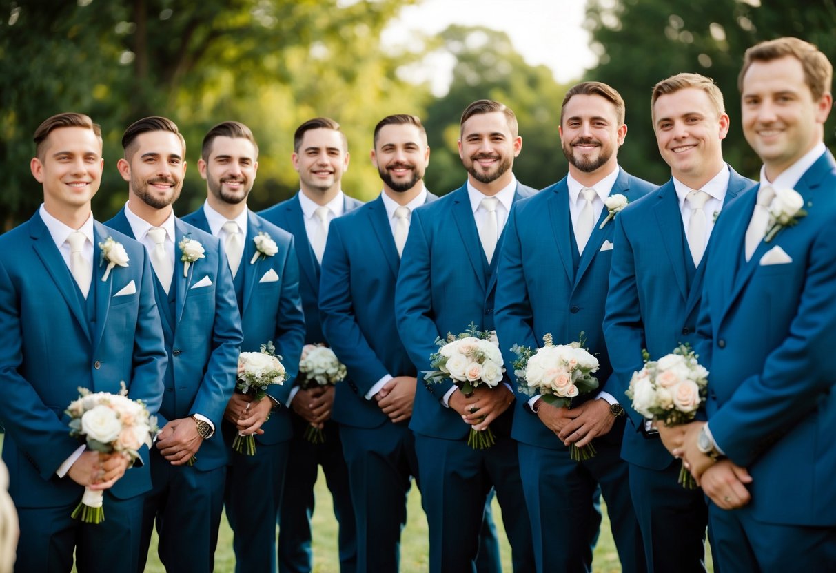 Thirteen groomsmen stand in a line, each holding a bouquet of flowers. They are dressed in matching suits and are smiling as they look towards the camera