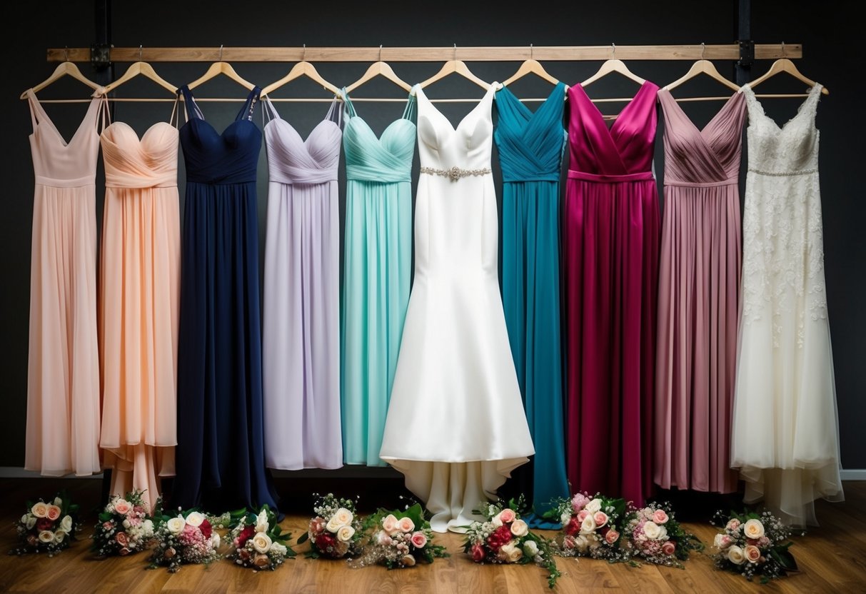Twelve bridesmaid dresses hanging in a row, varying in color and style, with bouquets of flowers scattered around them