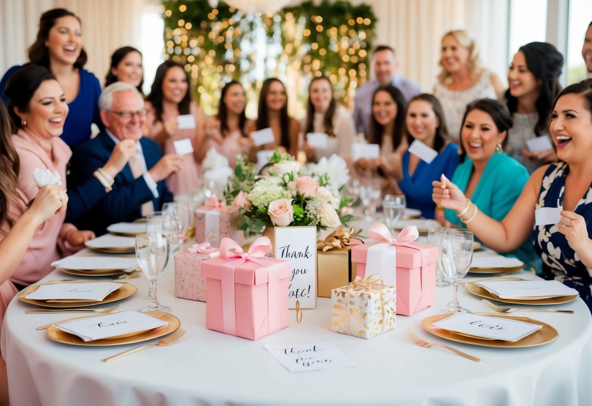 A table set with gifts, favors, and thank-you notes, surrounded by excited guests at a bridal shower