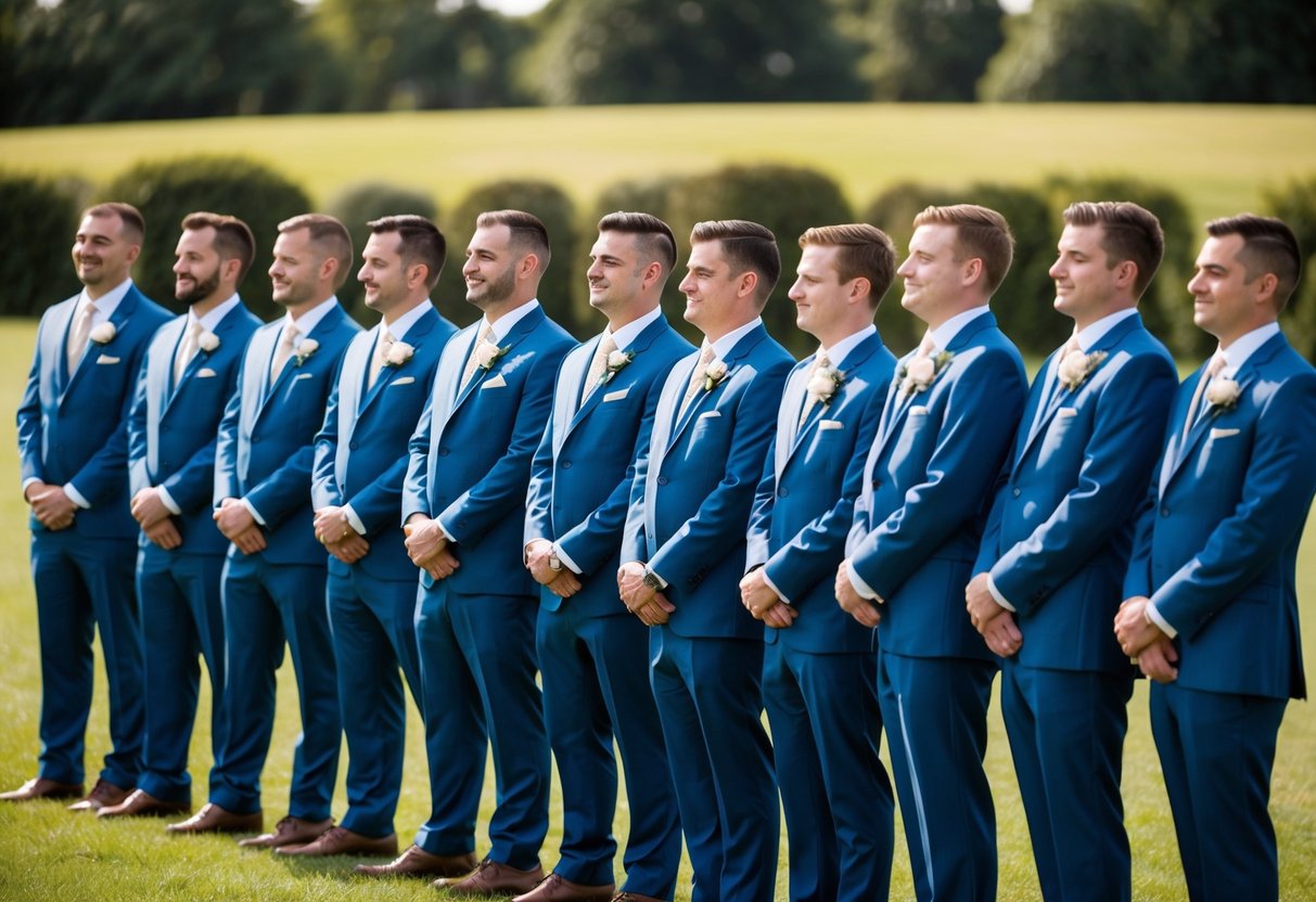 A group of 13 groomsmen standing in a line, each wearing a matching suit and tie, with varying heights and hairstyles