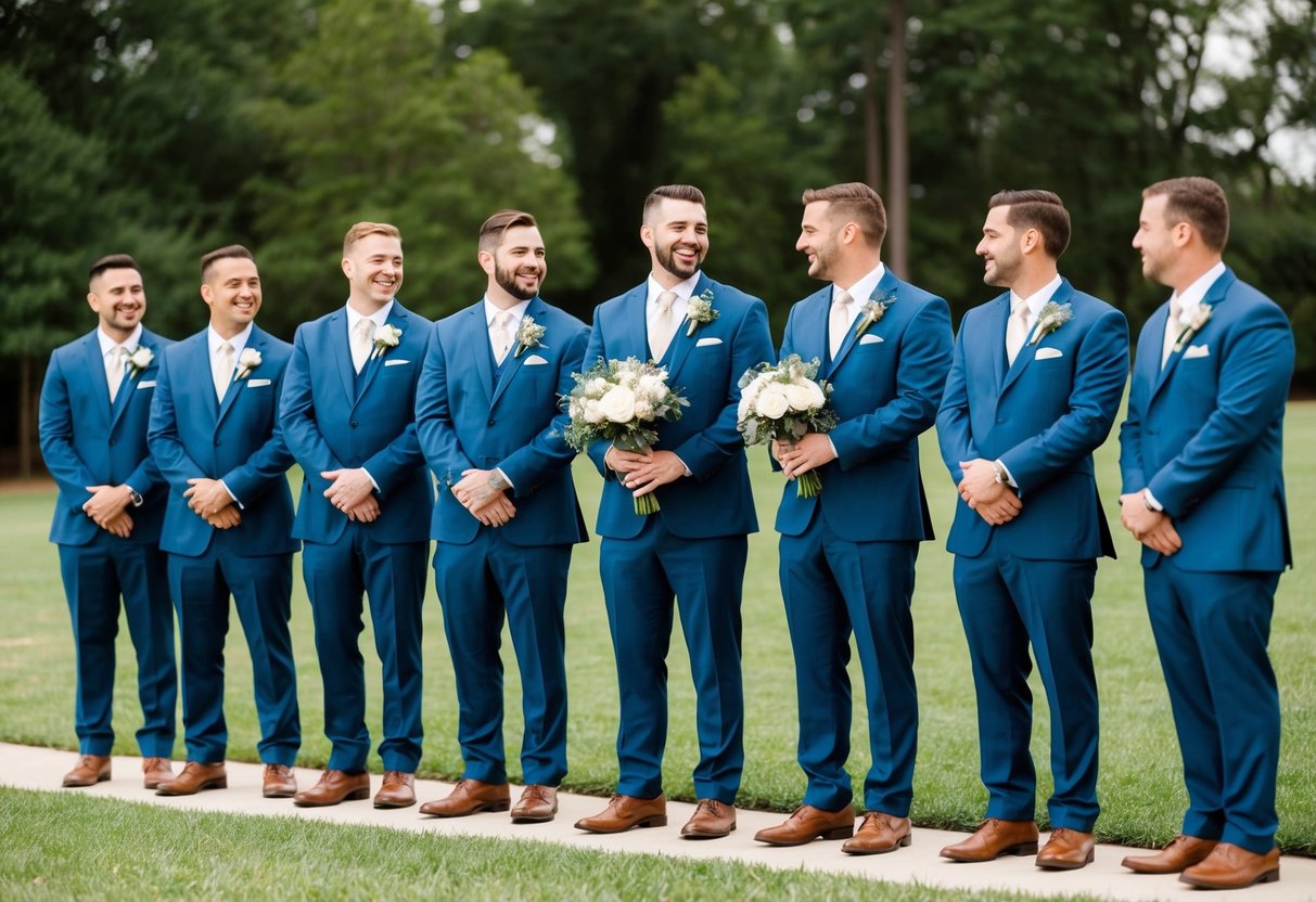 A group of groomsmen standing in a line, each holding a bouquet or a boutonniere, with a few of them chatting and laughing together