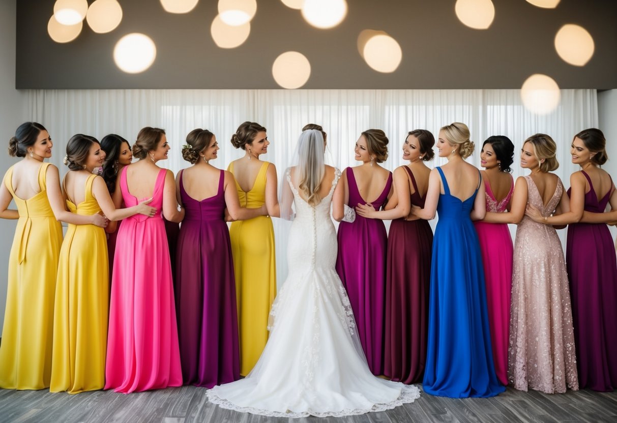 A bride stands surrounded by 12 different bridesmaid dress options, each in a different color, as she tries to determine her bridal party size