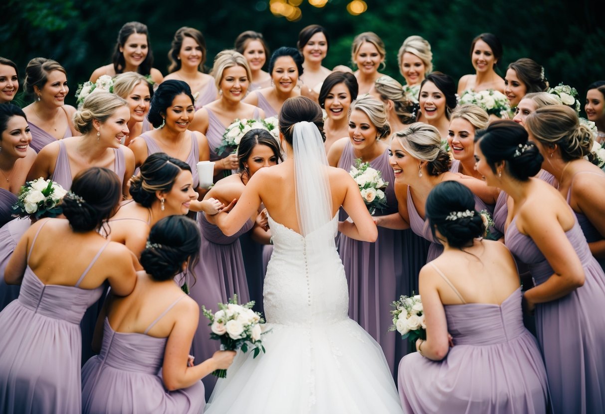 A bride surrounded by a large group of bridesmaids, all in matching dresses, creating a sense of chaos and overwhelm in the wedding scene