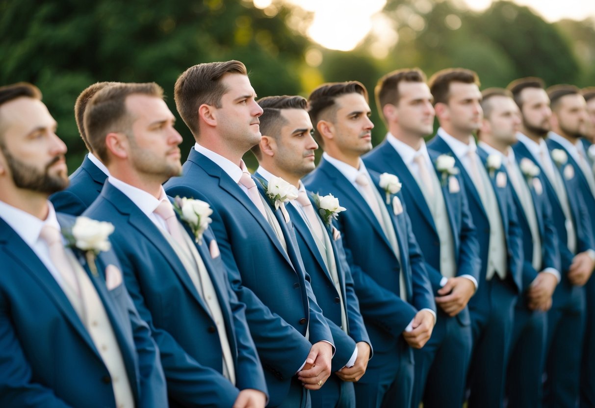 A group of groomsmen stand in a line, creating a sense of overwhelming presence. The sheer number of men creates a visual impact on the wedding dynamics