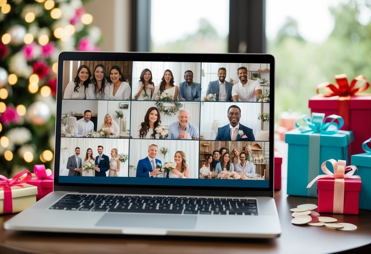 A laptop displaying a virtual bridal shower on Zoom, with a group of guests joining in from different locations. Decorations and gifts are arranged on a table nearby