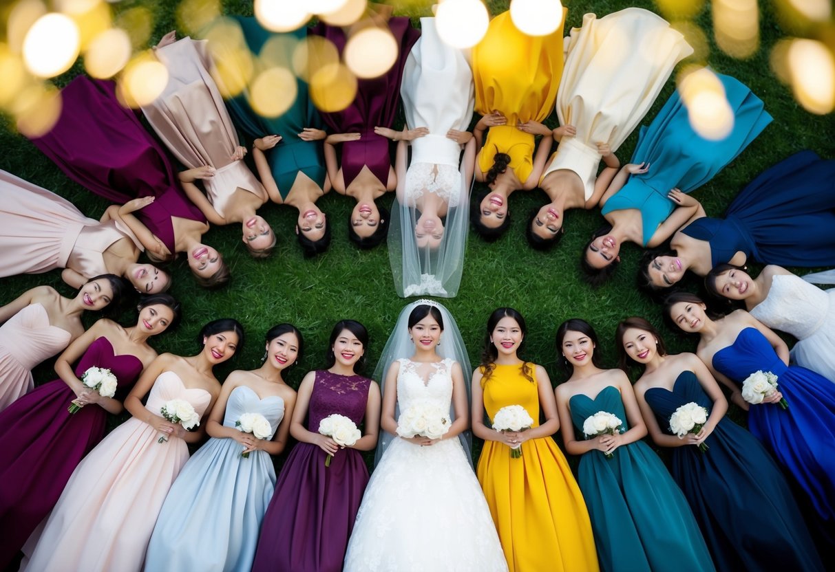 A group of 12 bridesmaid dresses in various colors and styles arranged in a semi-circle, with a bride's dress in the center