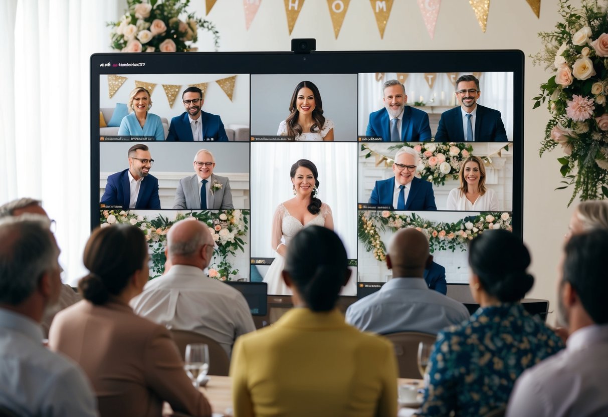A group of virtual guests gather on a Zoom call, with a bride-to-be at the center of the screen. Decorative banners and floral arrangements adorn the digital background, creating a festive and celebratory atmosphere