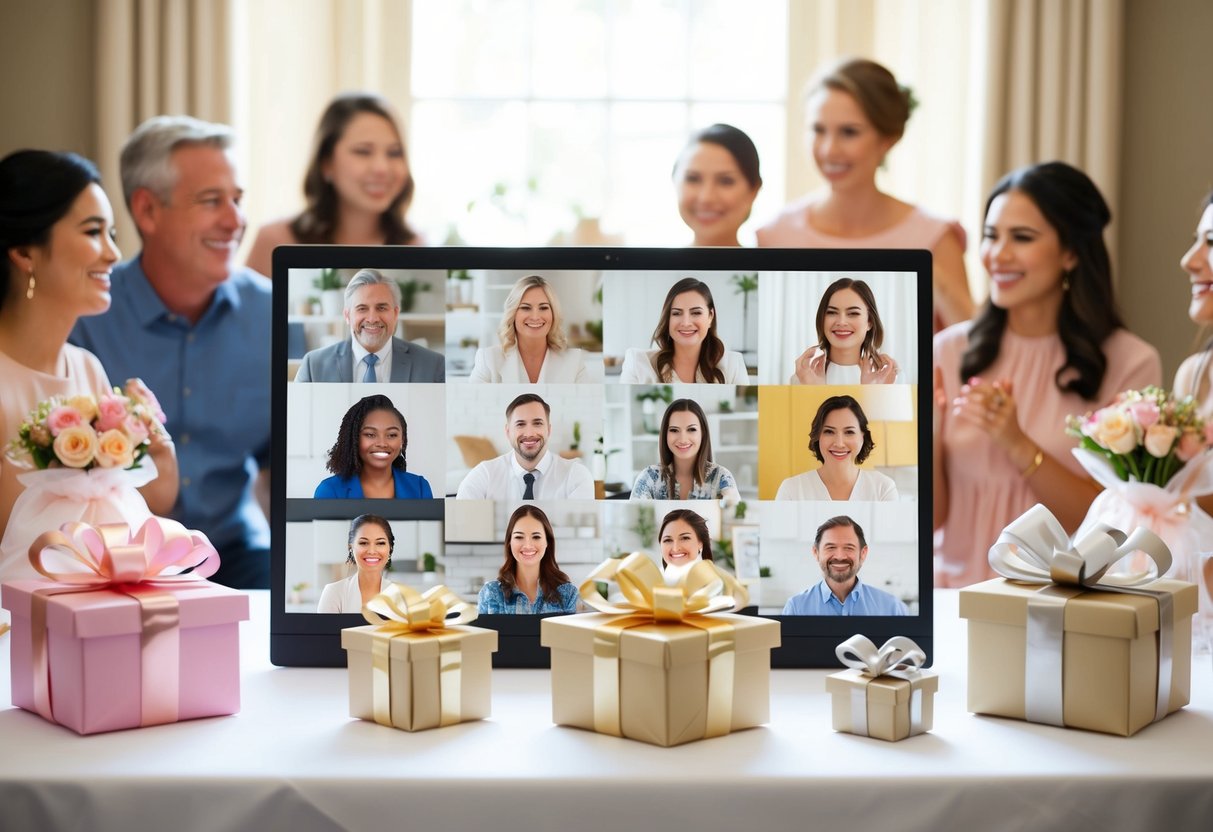 A virtual bridal shower on Zoom: Gifts wrapped in pretty paper, displayed on a table. Smiling faces on the screen as guests express gratitude