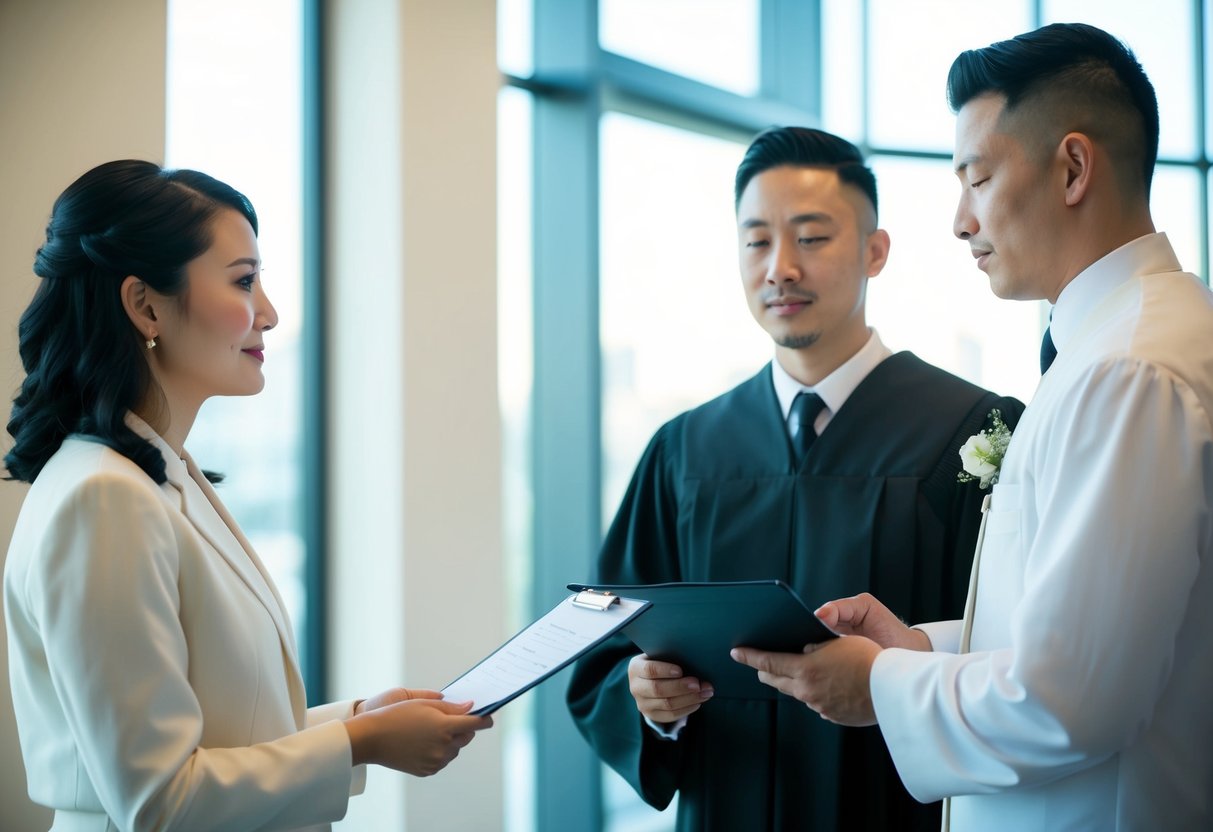 A couple stands before a solemn officiant, exchanging vows via video call with an absent partner. The officiant holds legal documents