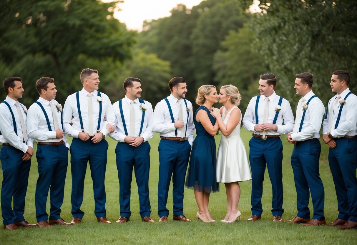 A group of groomsmen stand in a line, looking slightly puzzled, while a smaller group of bridesmaids huddle together, exchanging knowing glances