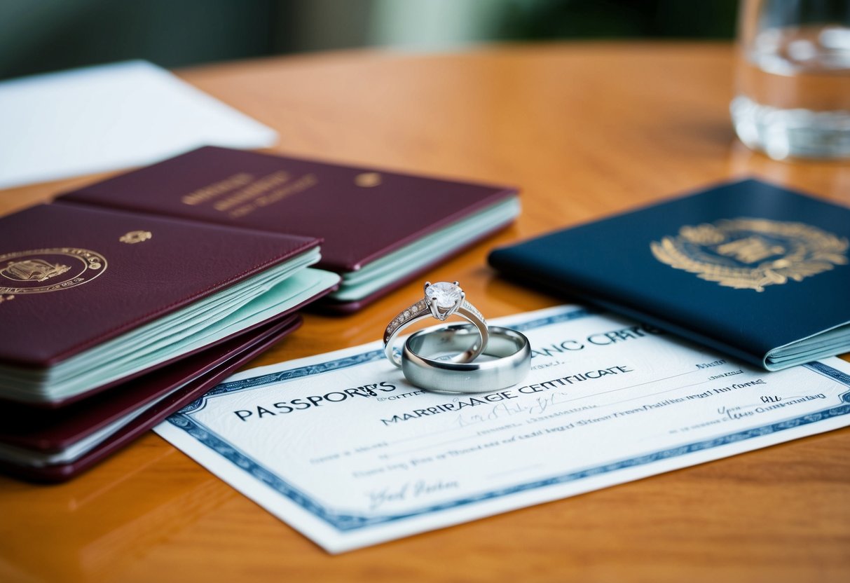 A wedding ring on a table with two passports and a marriage certificate