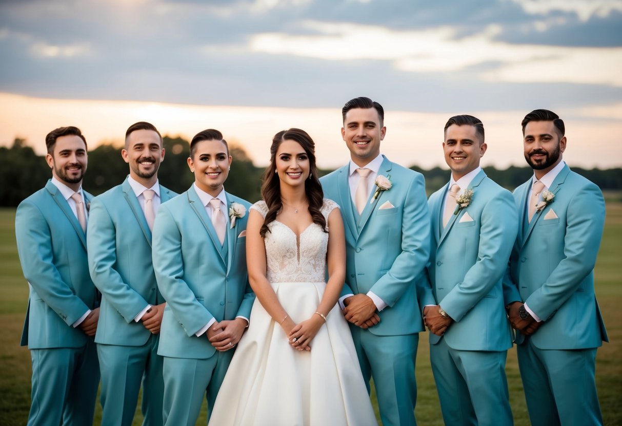 A group of wedding attendants, including a female groomsman, standing together in matching attire, with a mix of traditional and non-traditional gender-neutral elements