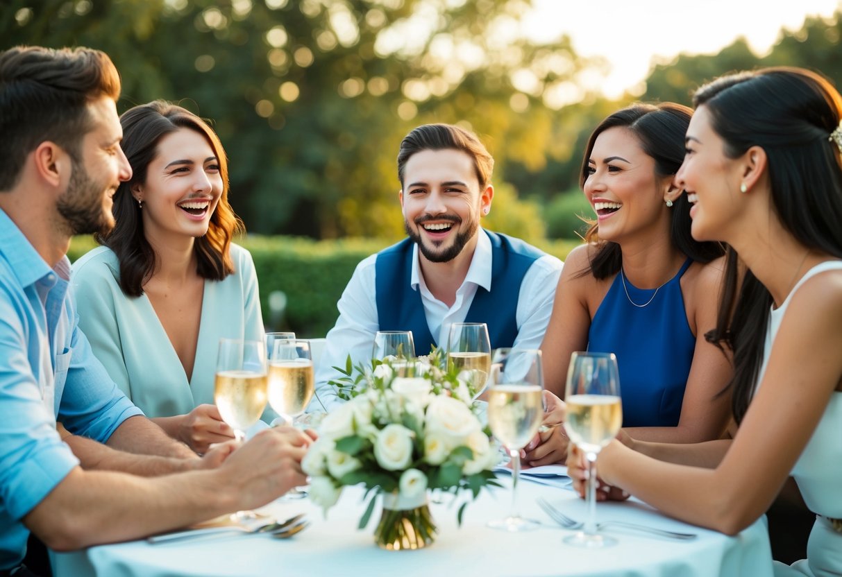 A group of friends gathered around a table, discussing wedding plans and laughing together
