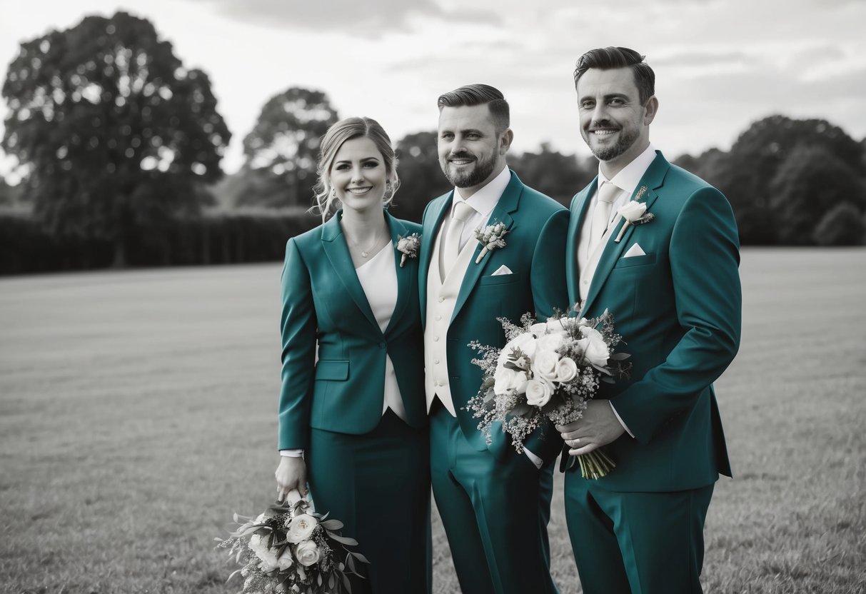 A female groomsman stands proudly alongside the groom, wearing a matching suit and holding a bouquet of flowers