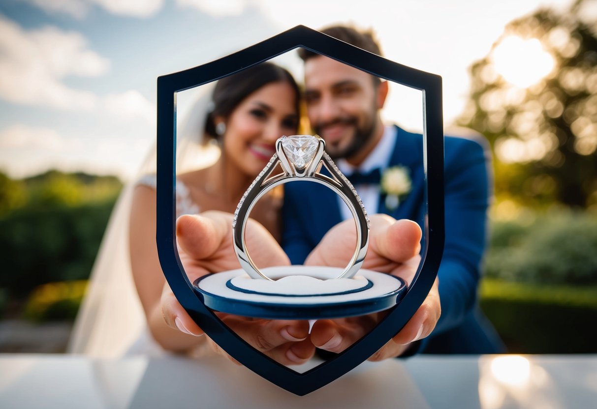 A wedding ring surrounded by a protective shield, with a happy couple in the background