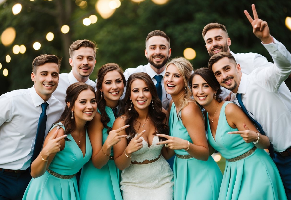 A group of friends celebrate together, dressed in matching outfits, posing for a photo at a wedding