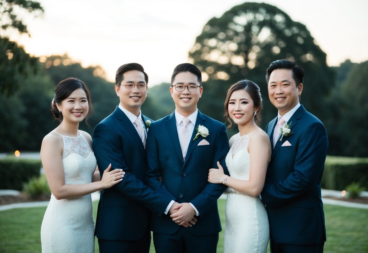 A group of three figures stand together, one in the middle, flanked by the others, representing a gender-neutral wedding honor