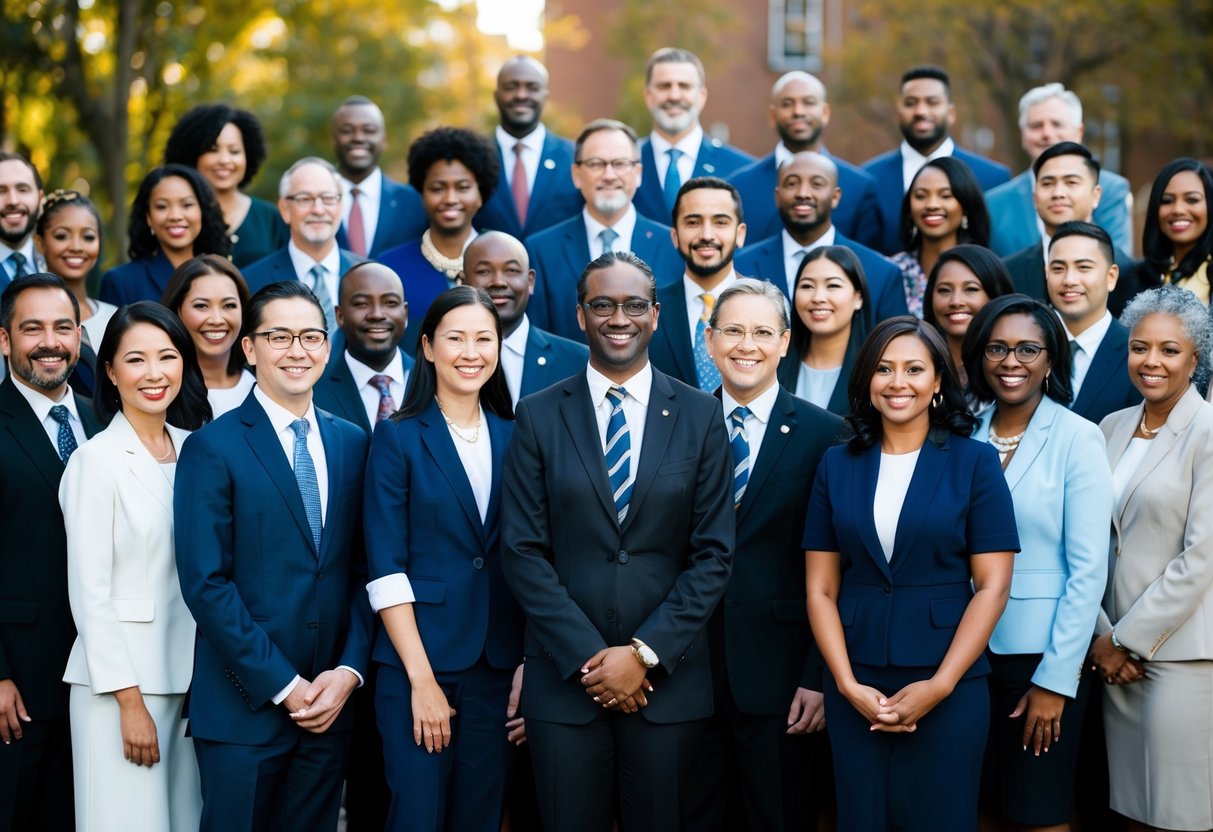 A diverse group of figures stand together, dressed in formal attire, representing a range of cultural and social backgrounds