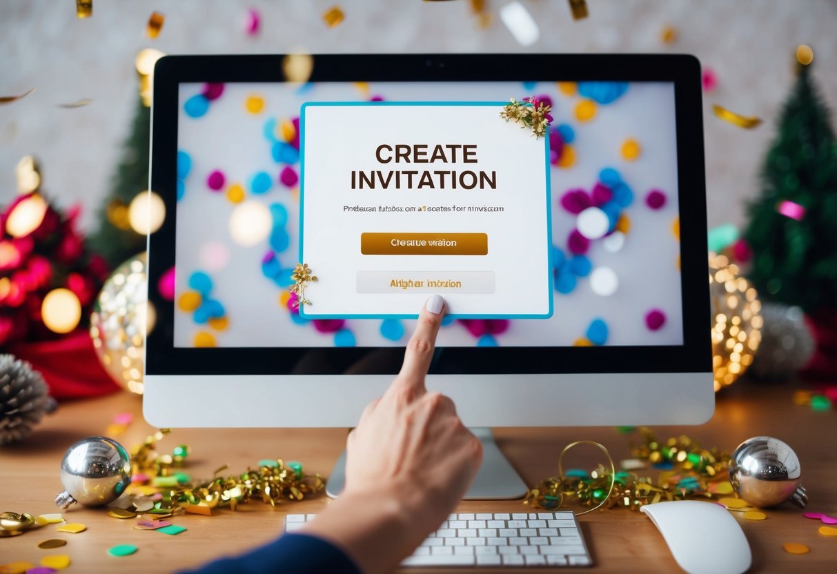 A computer screen with a mouse cursor clicking on a "create invitation" button, surrounded by festive decorations and confetti