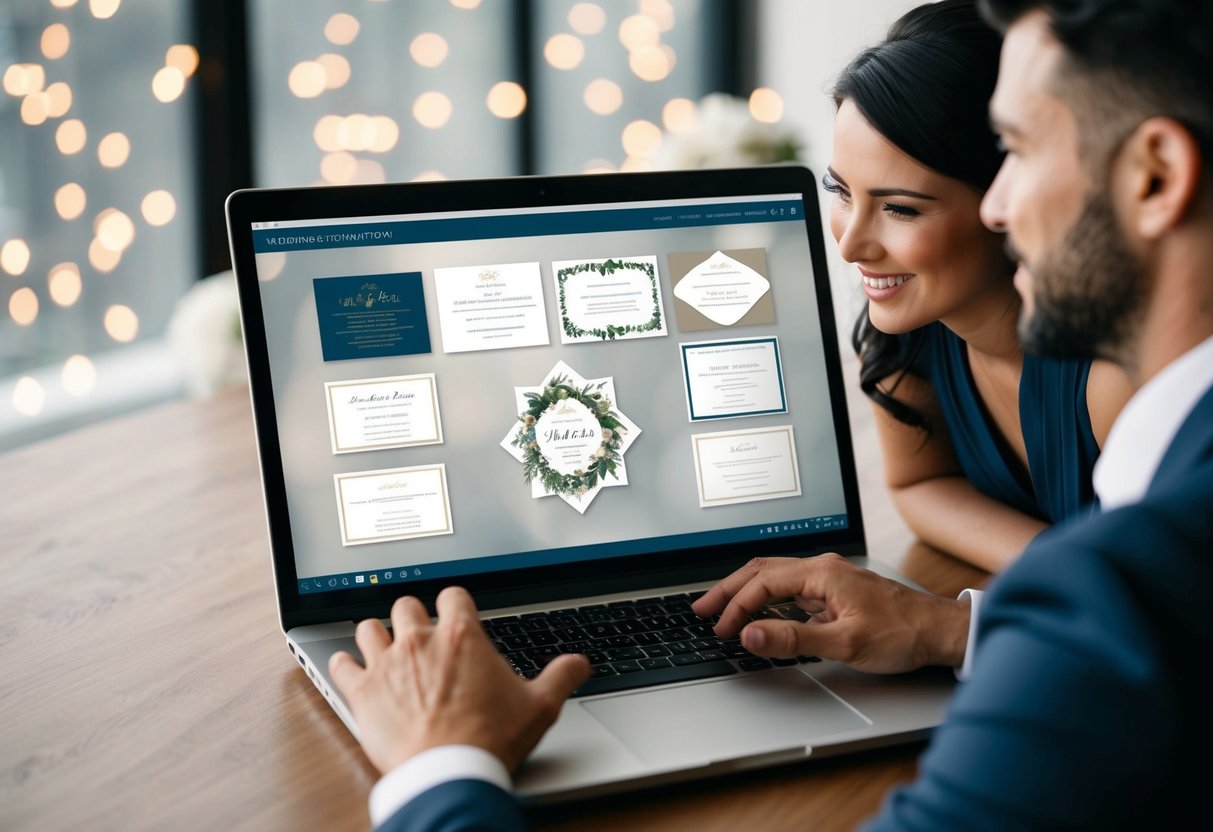 A laptop screen displaying a variety of elegant digital wedding invitation designs, with a couple discussing and admiring them together