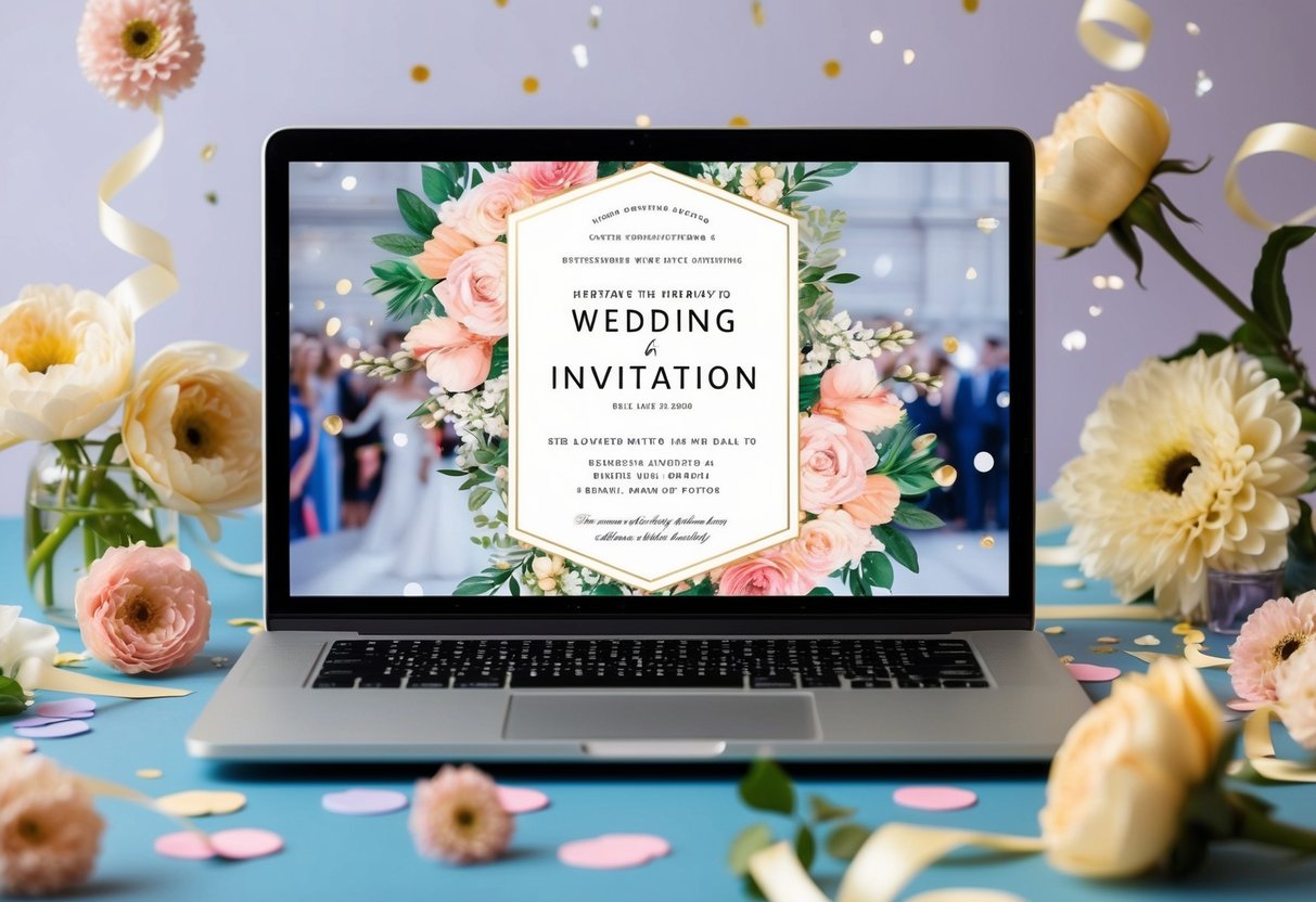 A laptop with a beautifully designed digital wedding invitation displayed on the screen, surrounded by various decorative elements like flowers, ribbons, and confetti
