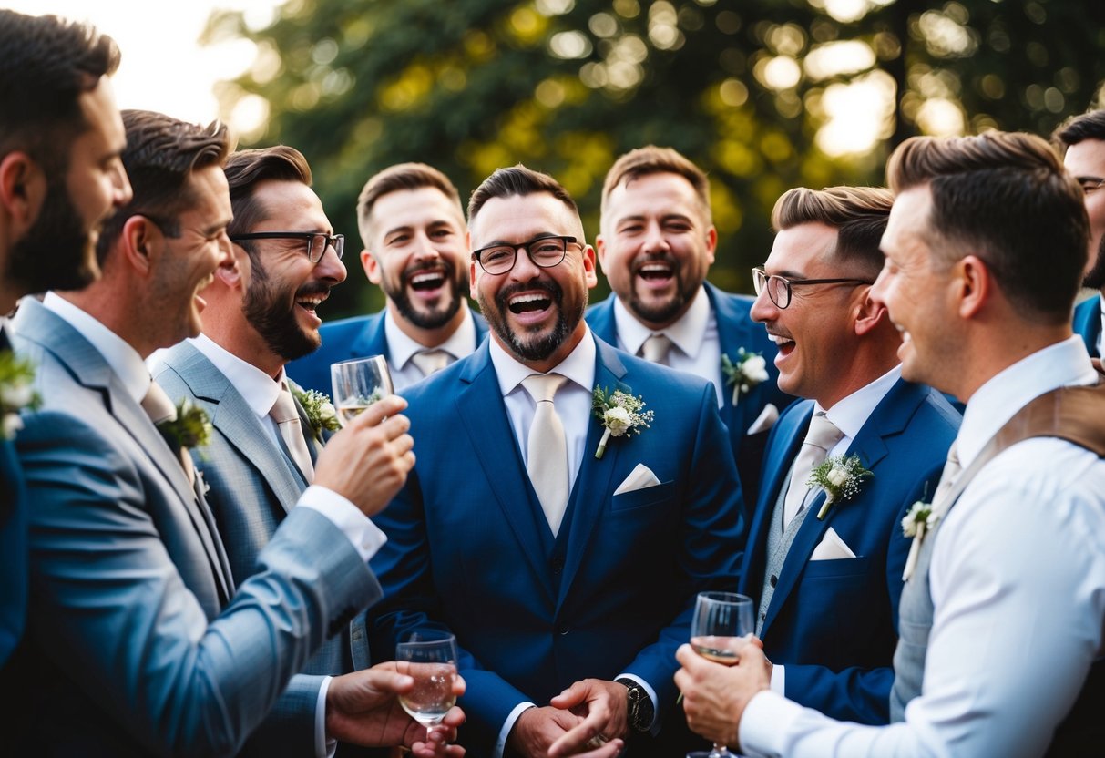 A group of groomsmen of varying ages gather together, laughing and sharing stories, creating lasting memories